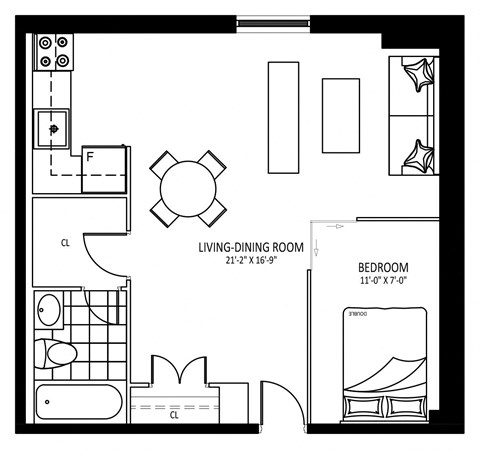 Floor plan for studio, 1 bath, 521 sqft